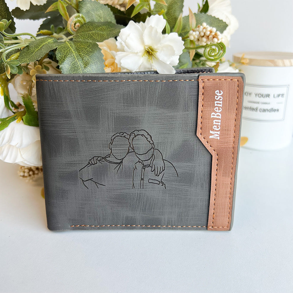 Custom Line Art Wallet, Engraved Men's Wallet with Photo