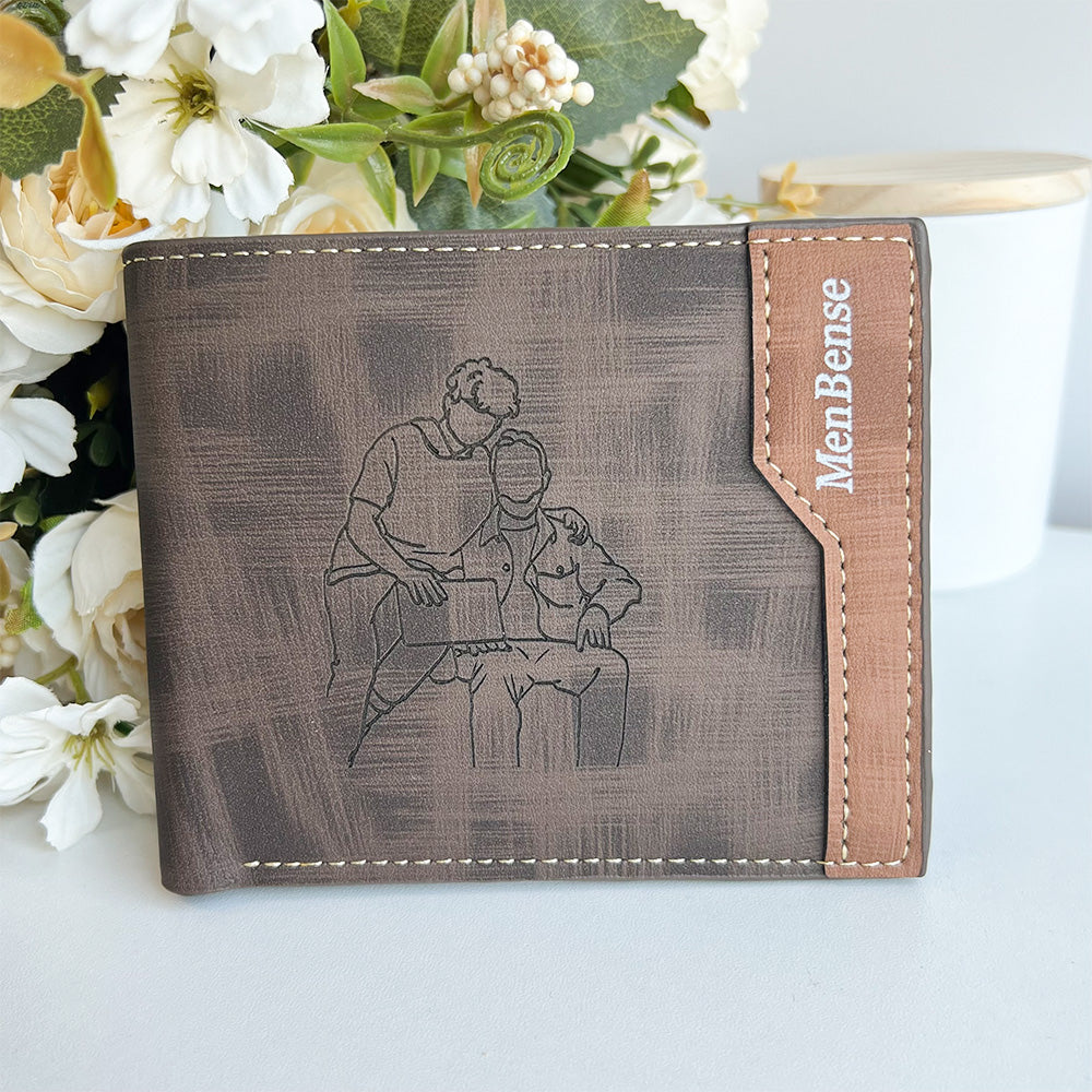 Custom Line Art Wallet, Engraved Men's Wallet with Photo