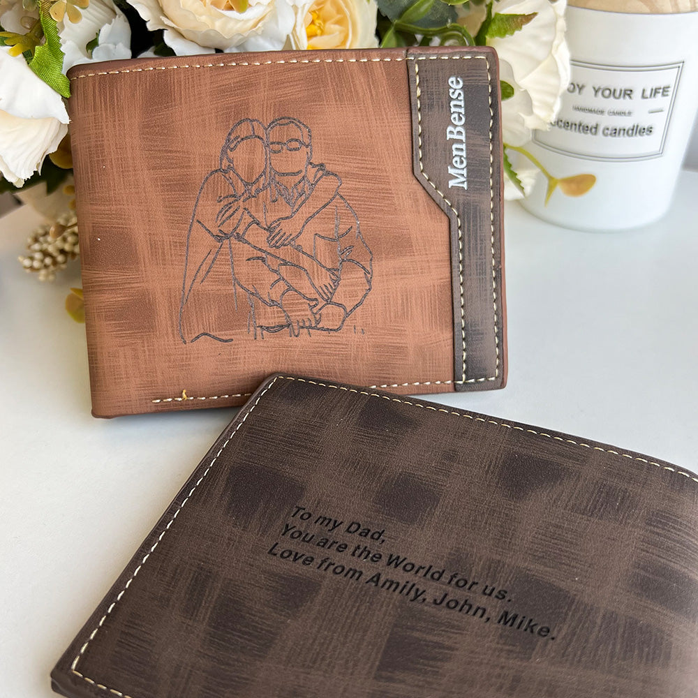 Custom Line Art Wallet, Engraved Men's Wallet with Photo