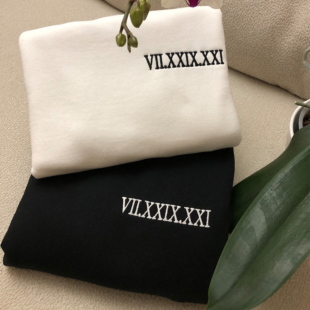 Custom Embroidered Roman Numeral Date Couple's T-shirt