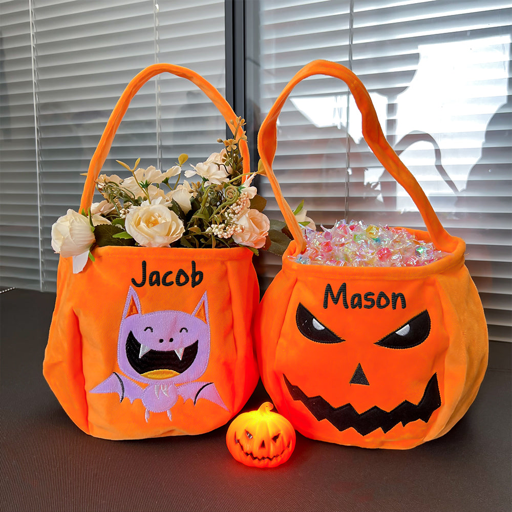 Custom Name Pumpkin Embroidered Plush Trick or Treat Bag