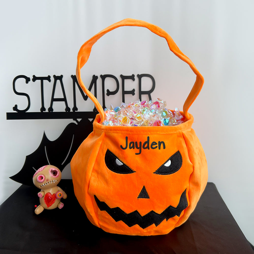 Custom Name Pumpkin Embroidered Plush Trick or Treat Bag