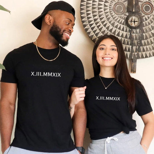 Custom Embroidered Roman Numeral Date Couple's T-shirt