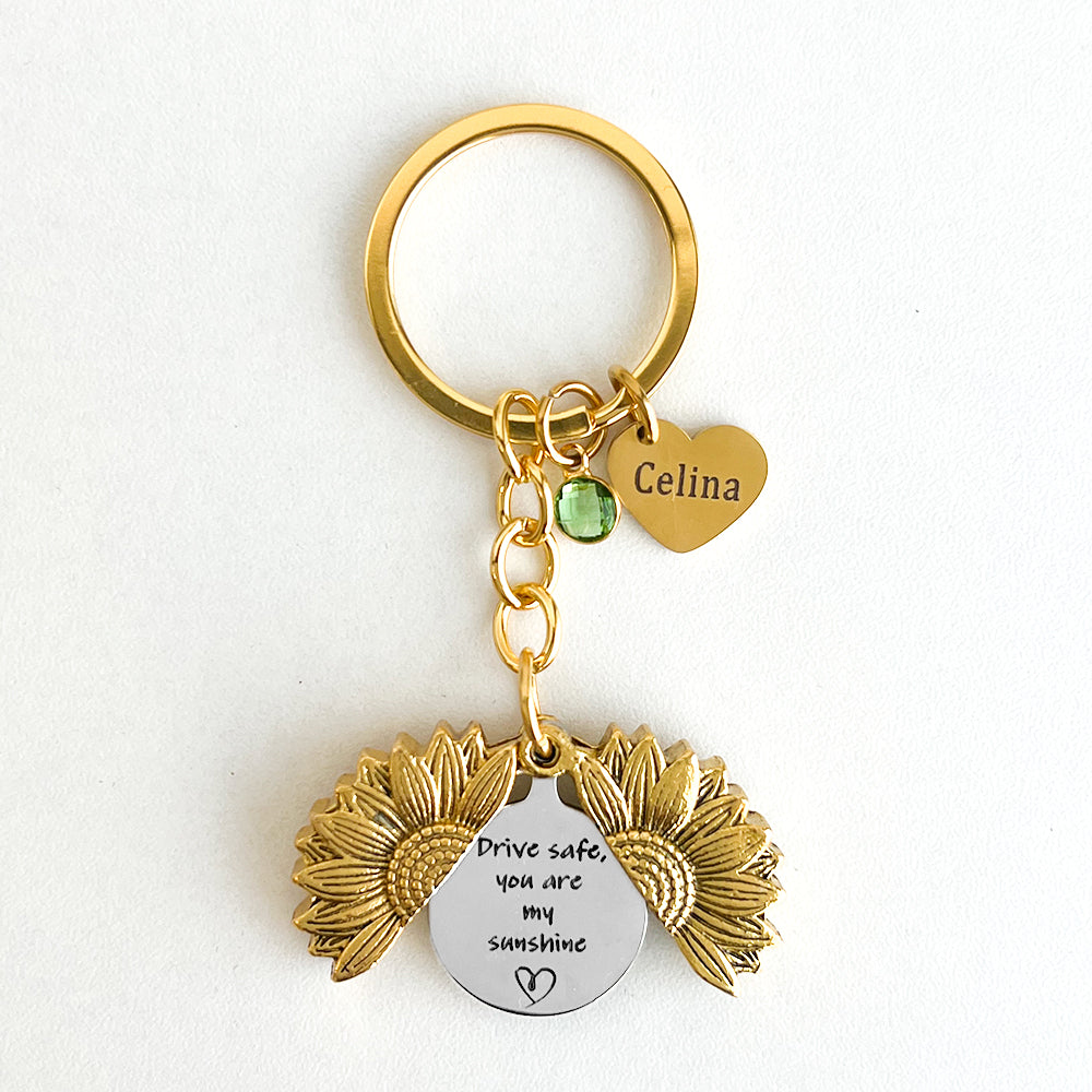 Personalized Sunflower Locket Key Chain, Hidden Message Keychain