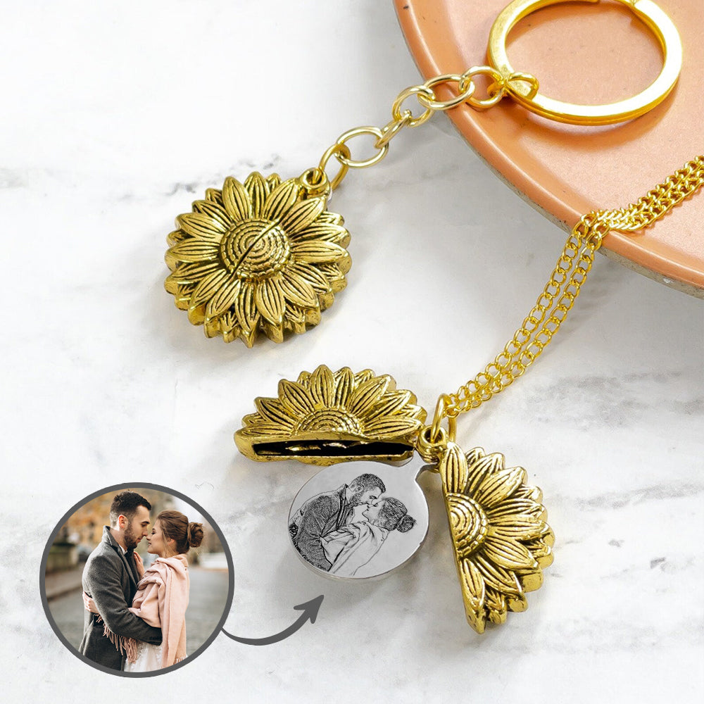 Personalized Sunflower Locket Key Chain, Hidden Message Keychain