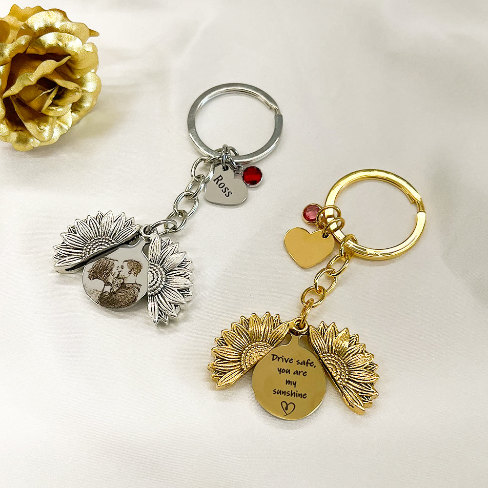 Personalized Sunflower Locket Key Chain, Hidden Message Keychain