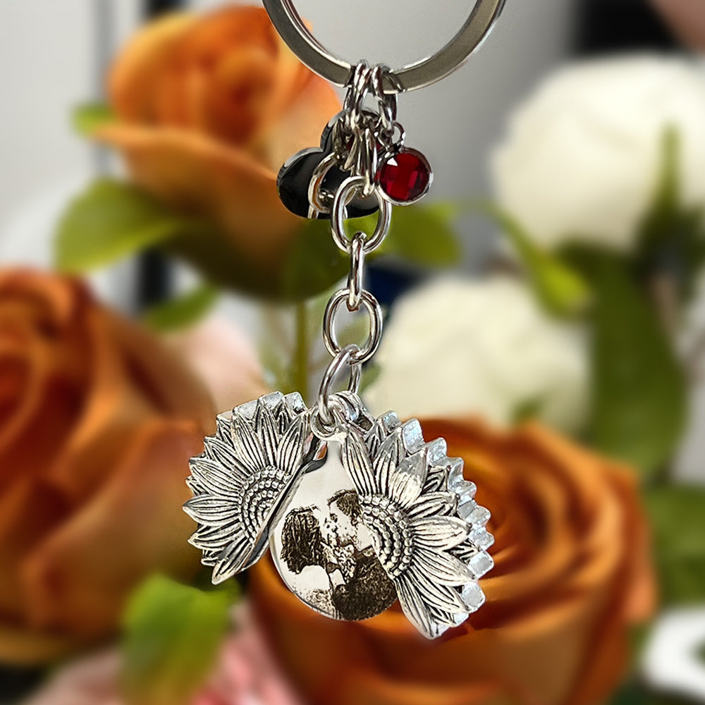 Personalized Sunflower Locket Key Chain, Hidden Message Keychain