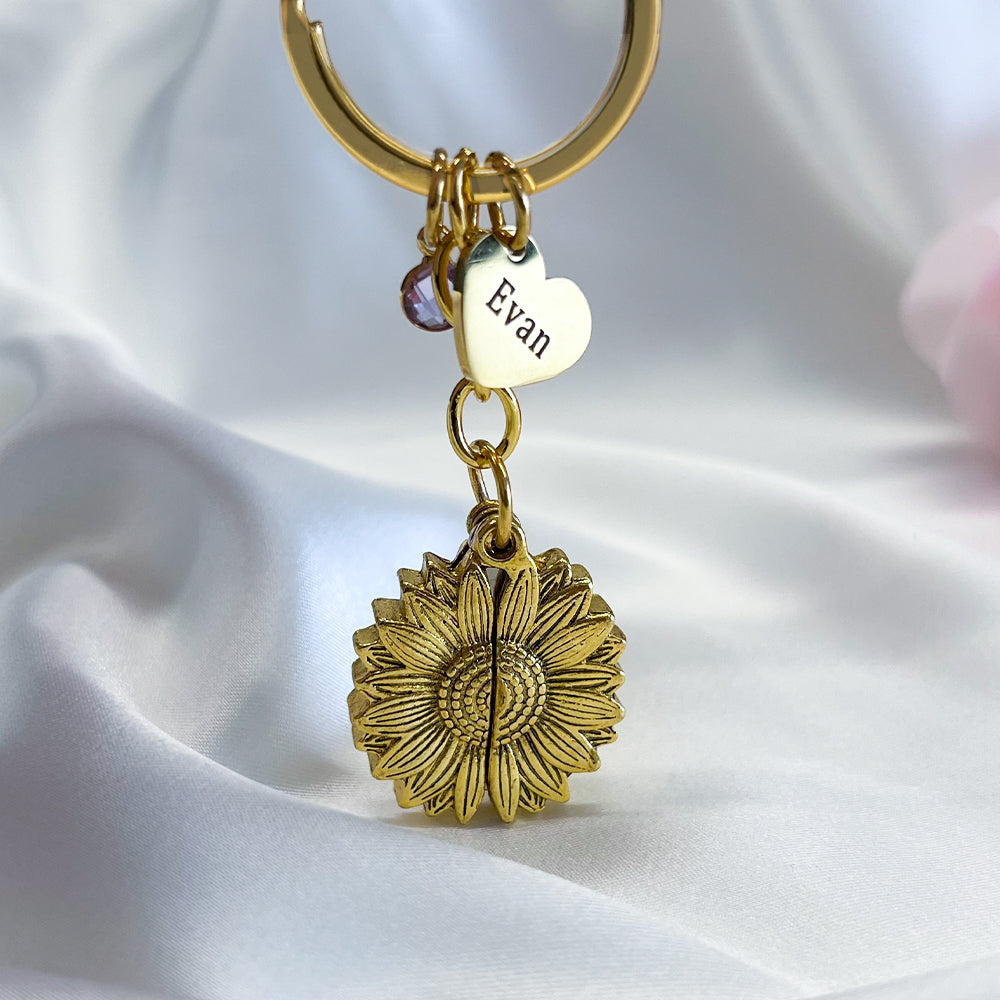 Personalized Sunflower Locket Key Chain, Hidden Message Keychain