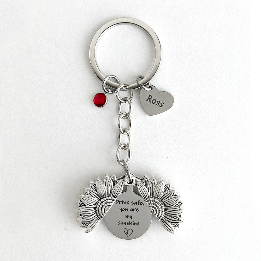 Personalized Sunflower Locket Key Chain, Hidden Message Keychain