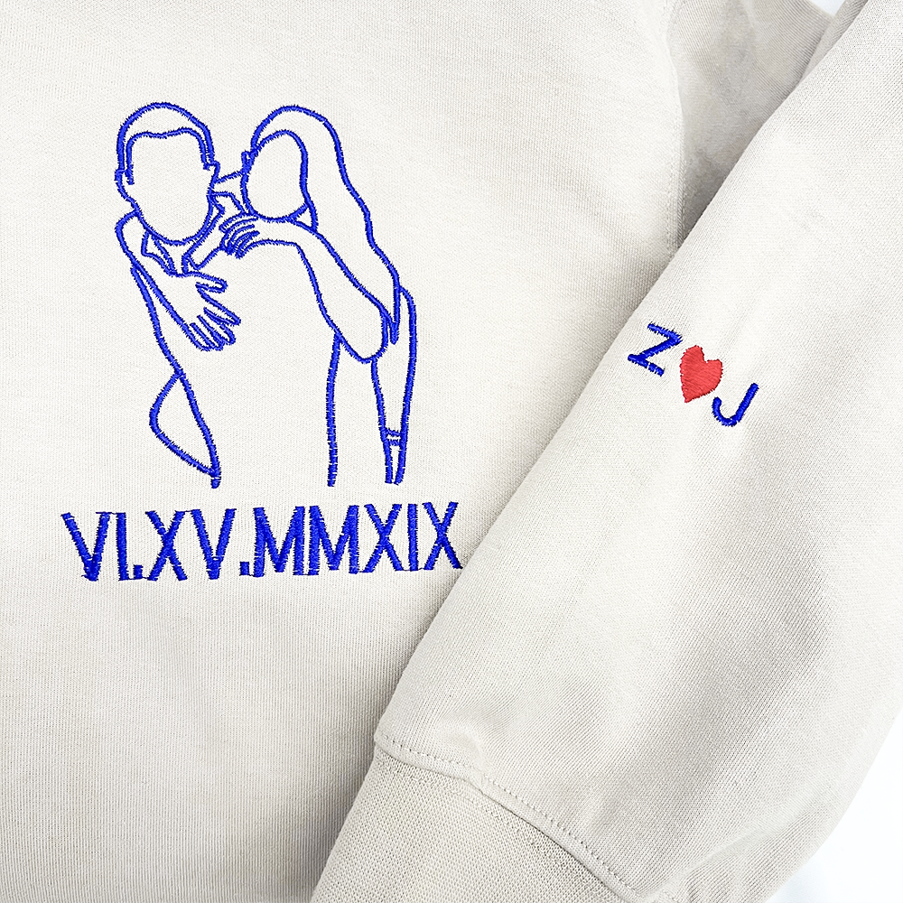 Custom Embroidered Line Art Roman Numeral Date Couple's Hoodies