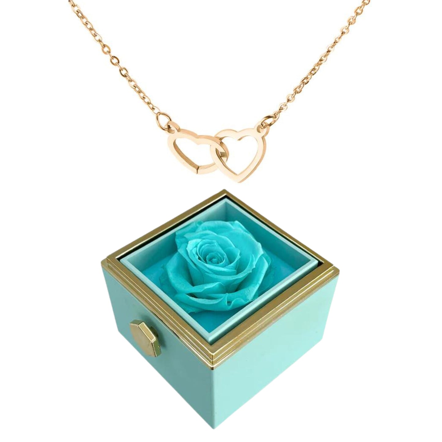 ETERNALLY PRESERVED ROTATING ROSE BOX -  ENGRAVED HEART NECKLACE