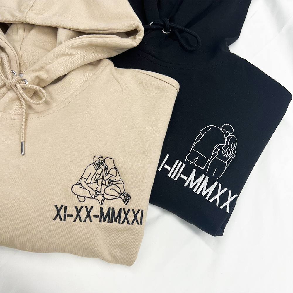 Custom Embroidered Line Art Roman Numeral Date Couple's Hoodies