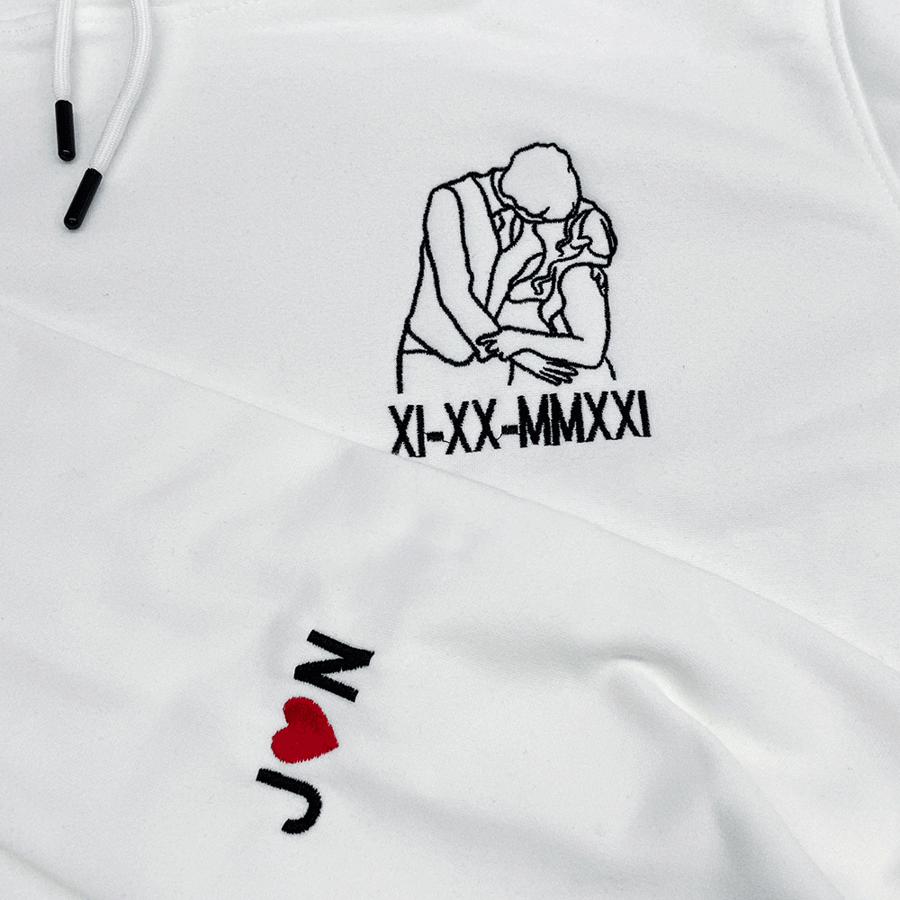 Custom Embroidered Line Art Roman Numeral Date Couple's Hoodies