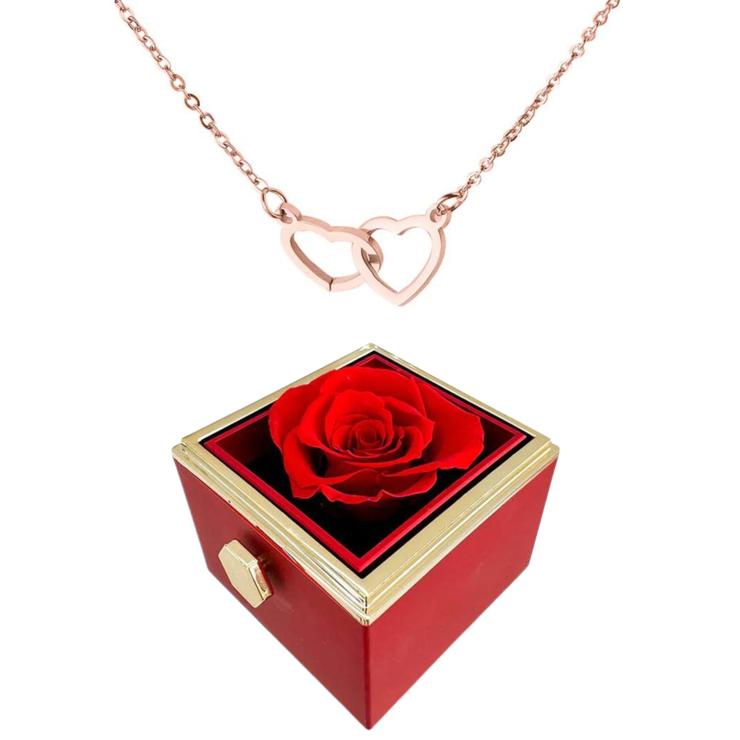 ETERNALLY PRESERVED ROTATING ROSE BOX -  ENGRAVED HEART NECKLACE