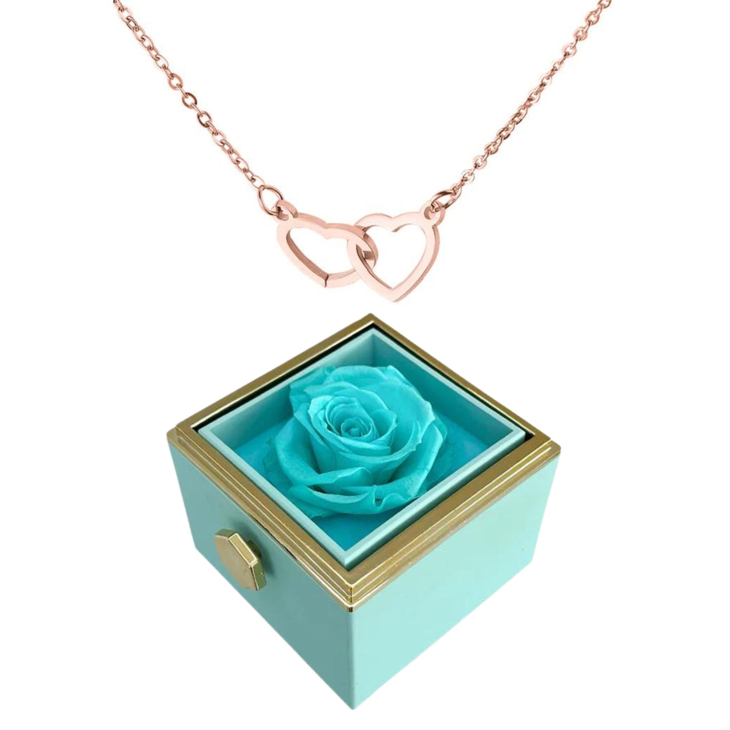 ETERNALLY PRESERVED ROTATING ROSE BOX -  ENGRAVED HEART NECKLACE