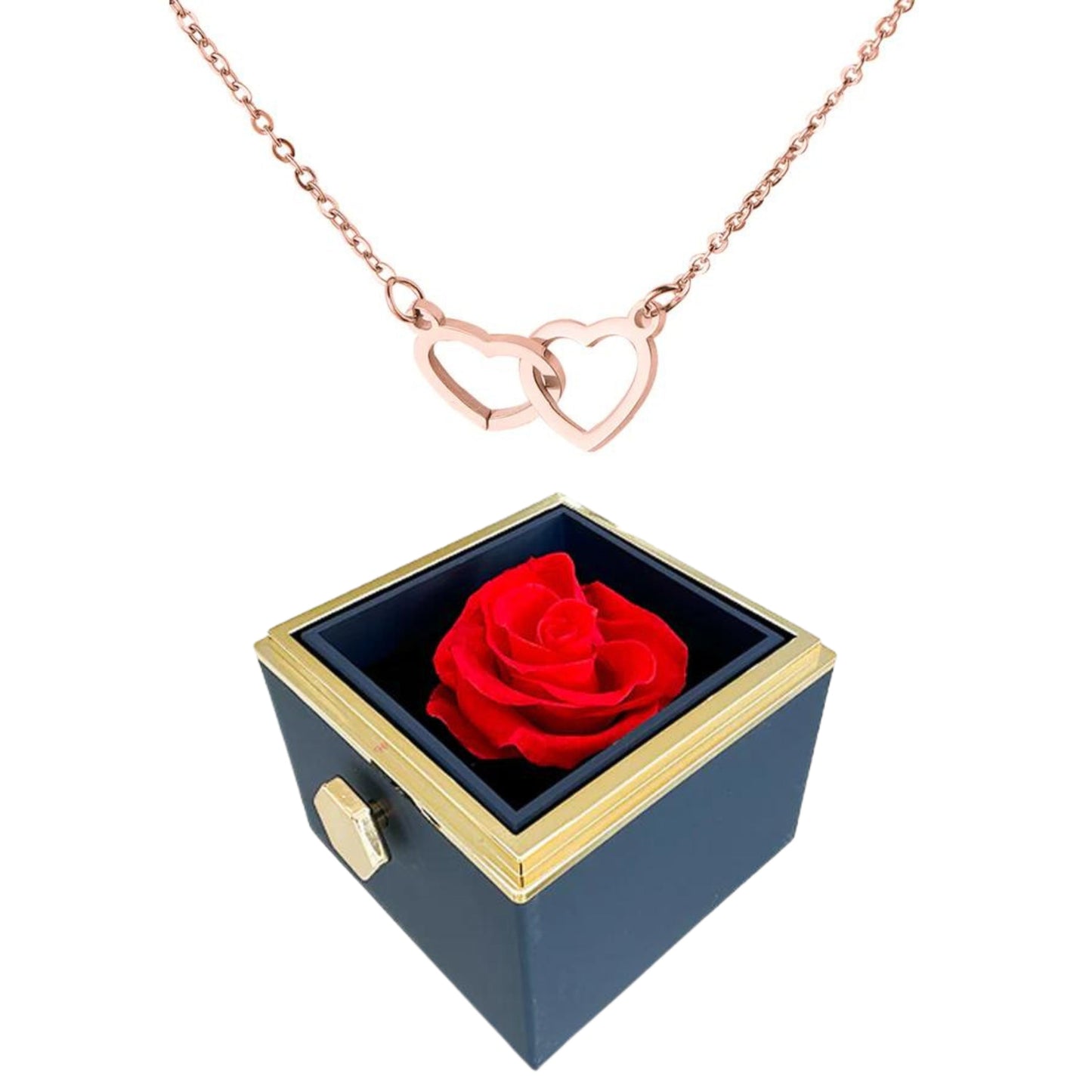 ETERNALLY PRESERVED ROTATING ROSE BOX -  ENGRAVED HEART NECKLACE