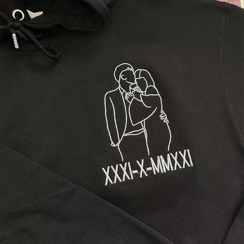 Custom Embroidered Line Art Roman Numeral Date Couple's Hoodies