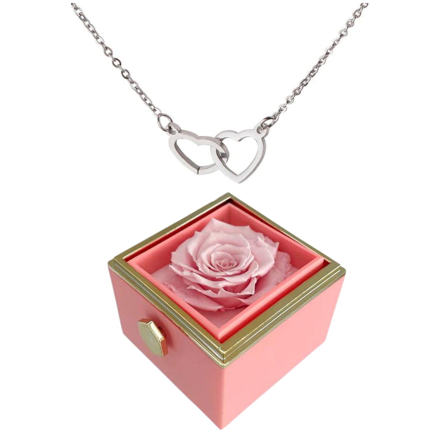 ETERNALLY PRESERVED ROTATING ROSE BOX -  ENGRAVED HEART NECKLACE