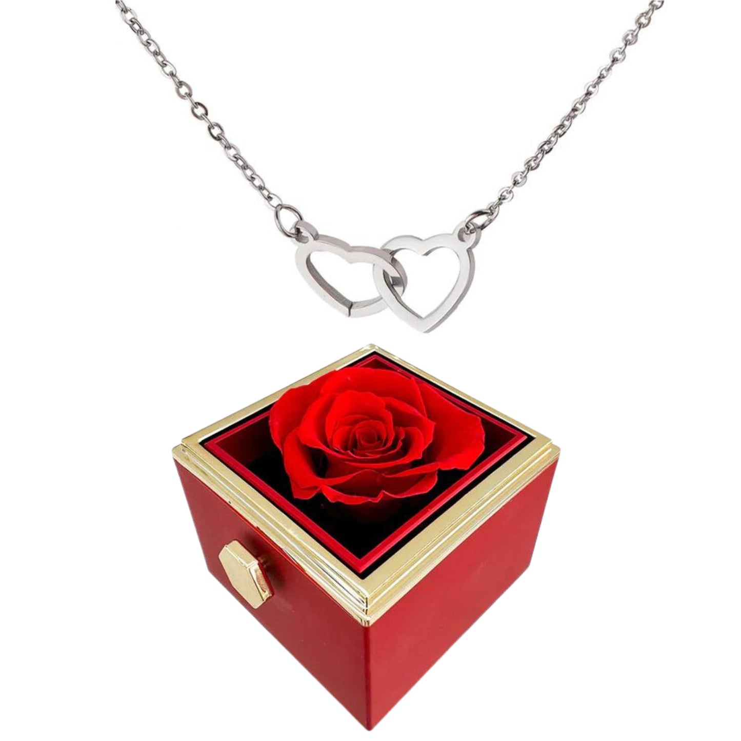 ETERNALLY PRESERVED ROTATING ROSE BOX -  ENGRAVED HEART NECKLACE