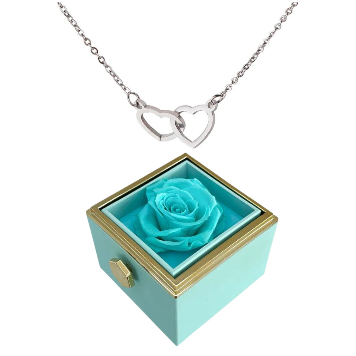 ETERNALLY PRESERVED ROTATING ROSE BOX -  ENGRAVED HEART NECKLACE