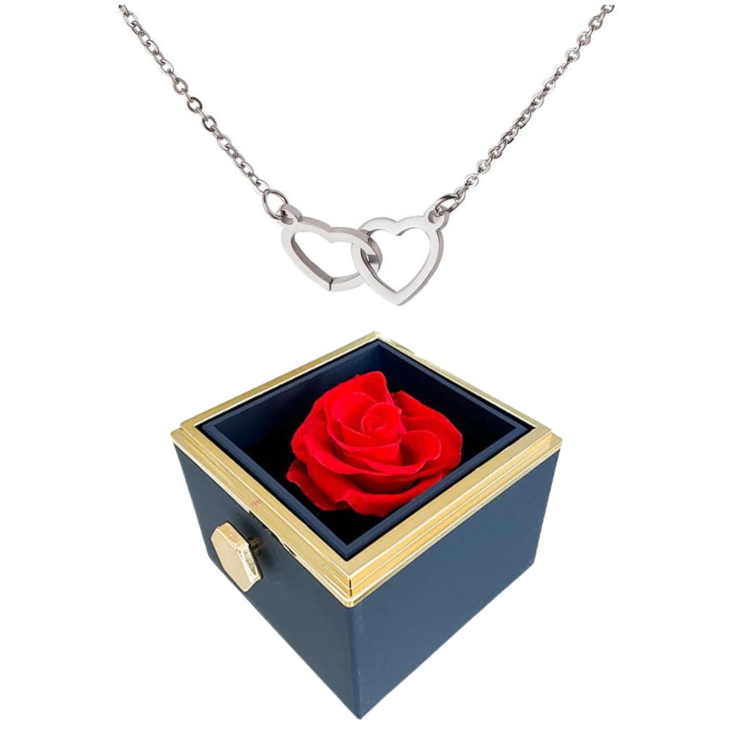 ETERNALLY PRESERVED ROTATING ROSE BOX -  ENGRAVED HEART NECKLACE