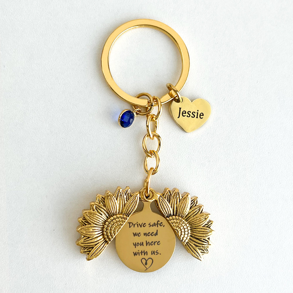 Personalized Sunflower Locket Key Chain, Hidden Message Keychain