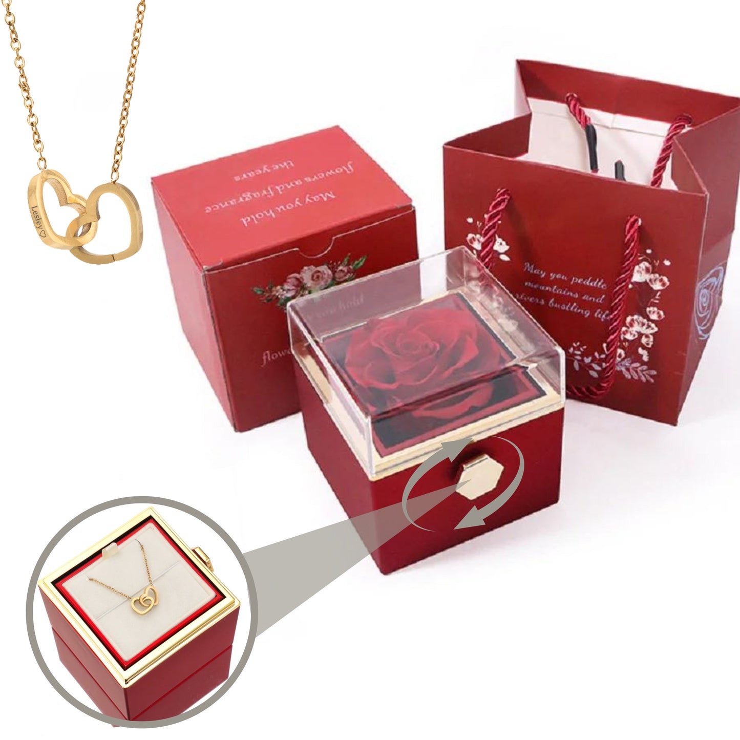 ETERNALLY PRESERVED ROTATING ROSE BOX -  ENGRAVED HEART NECKLACE