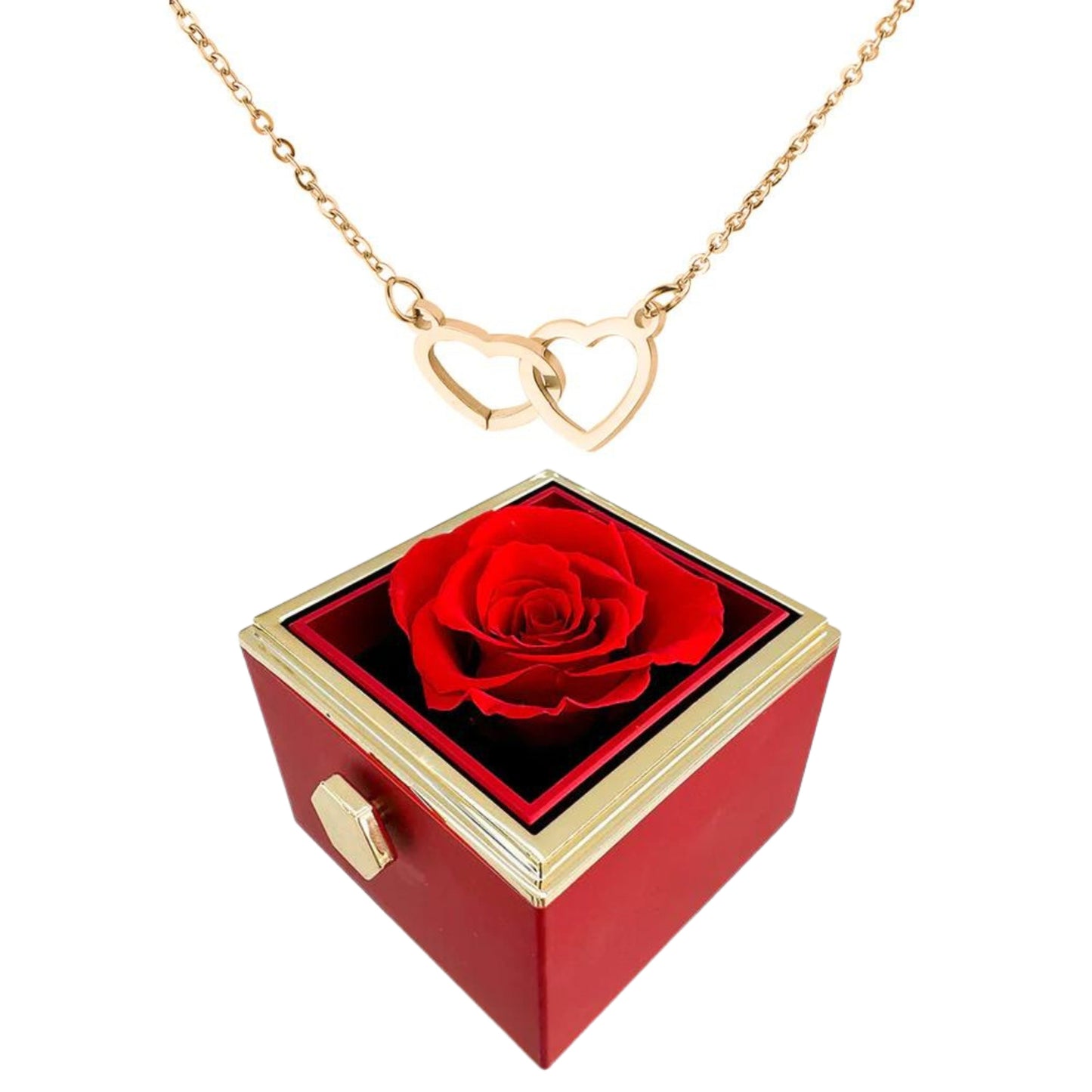 ETERNALLY PRESERVED ROTATING ROSE BOX -  ENGRAVED HEART NECKLACE