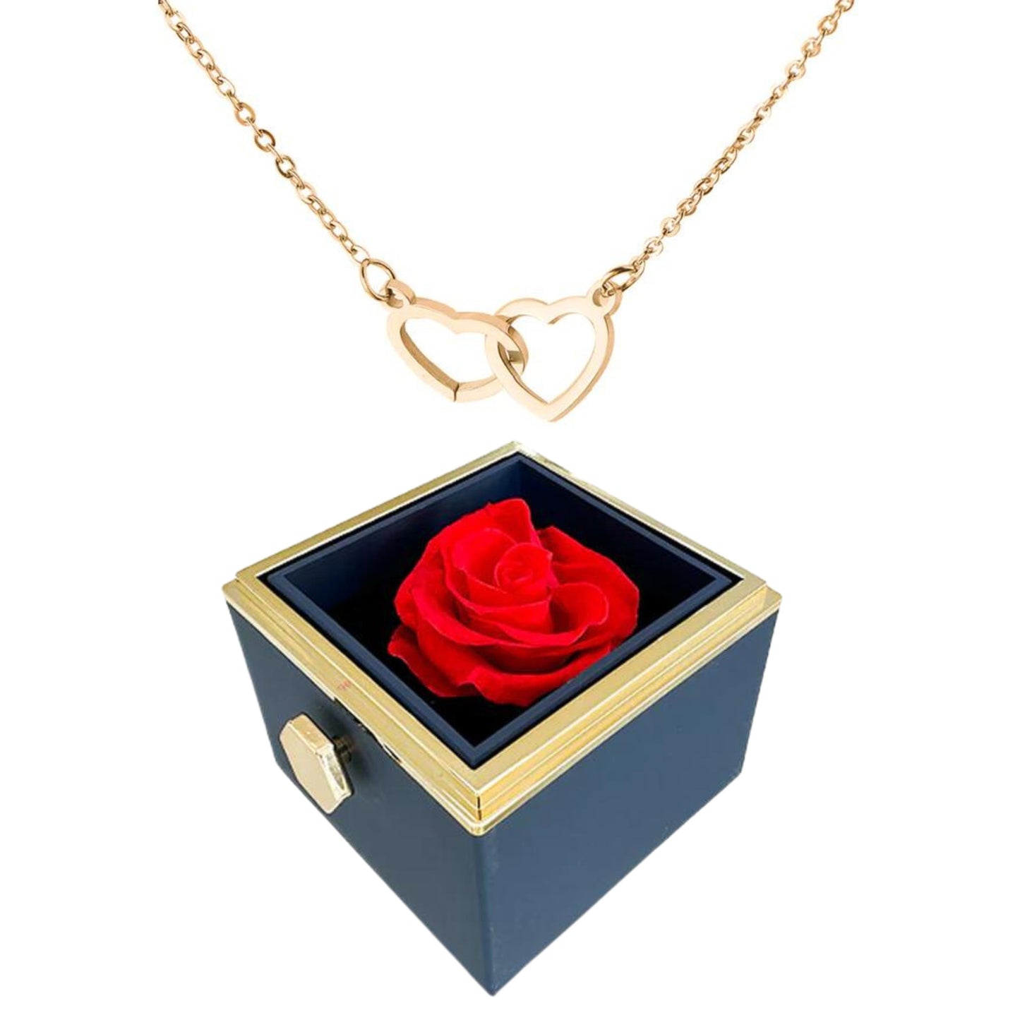 ETERNALLY PRESERVED ROTATING ROSE BOX -  ENGRAVED HEART NECKLACE