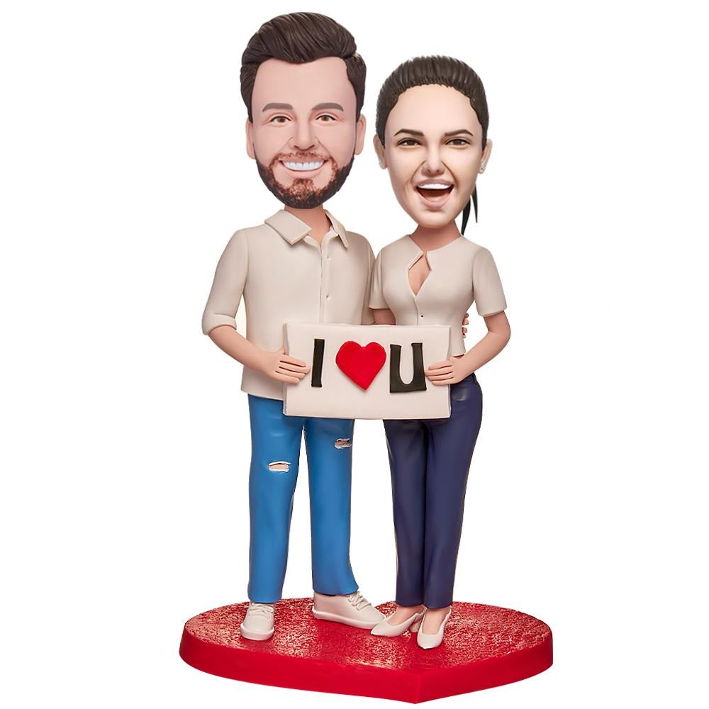The Couple with The I LOVE U Sign Custom Bobblehead With Engraved Text